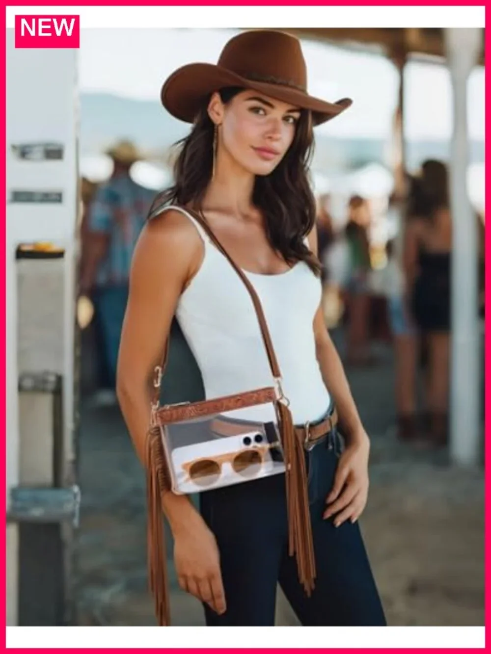 Clear Stadium Approved Crossbody Bag with Faux Leather Trim and Fringe